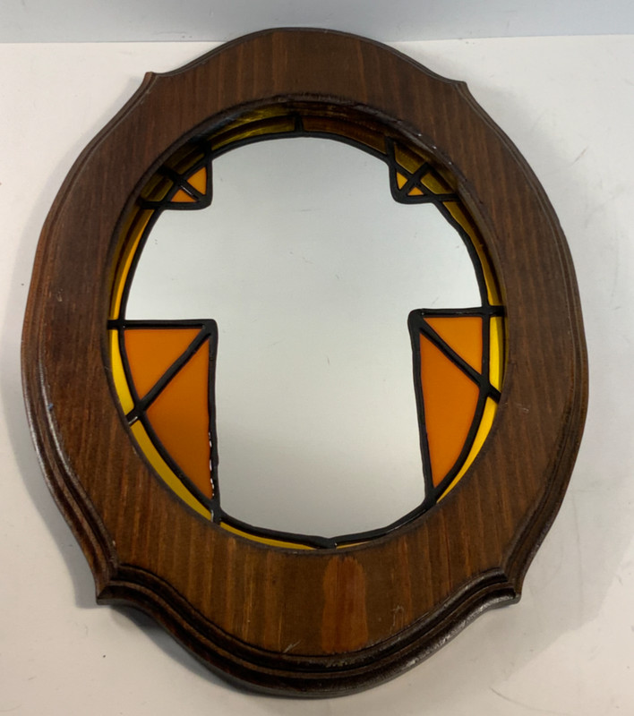 Vintage Stained Glass Wood Mirror 15 in.