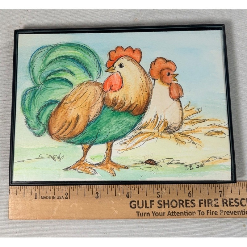 Vintage 2000 Signed DB Rooster Hen Watercolor Ink Art Framed 5x7 Country Decor gallery