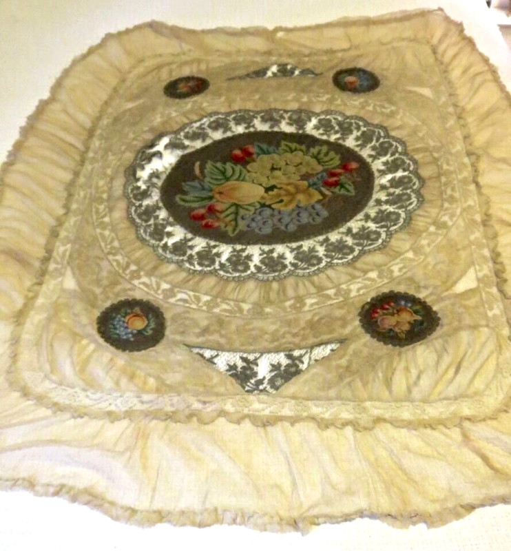RARE Antique 19th Cen. Tapestry Mixed Lace & Metallic Lace Boudoir Table Cloth