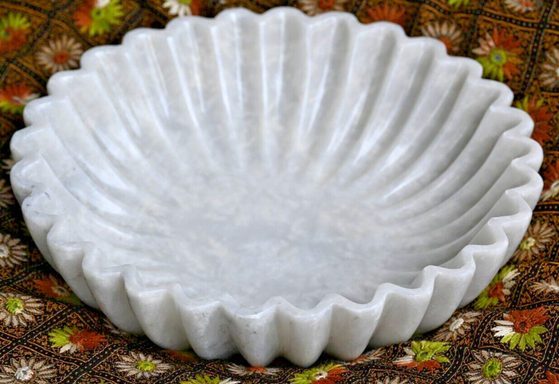 Antique Ziarat White Marble Hand Carved Fluted Round Bowl, Diameter: 12" & H: 3" gallery