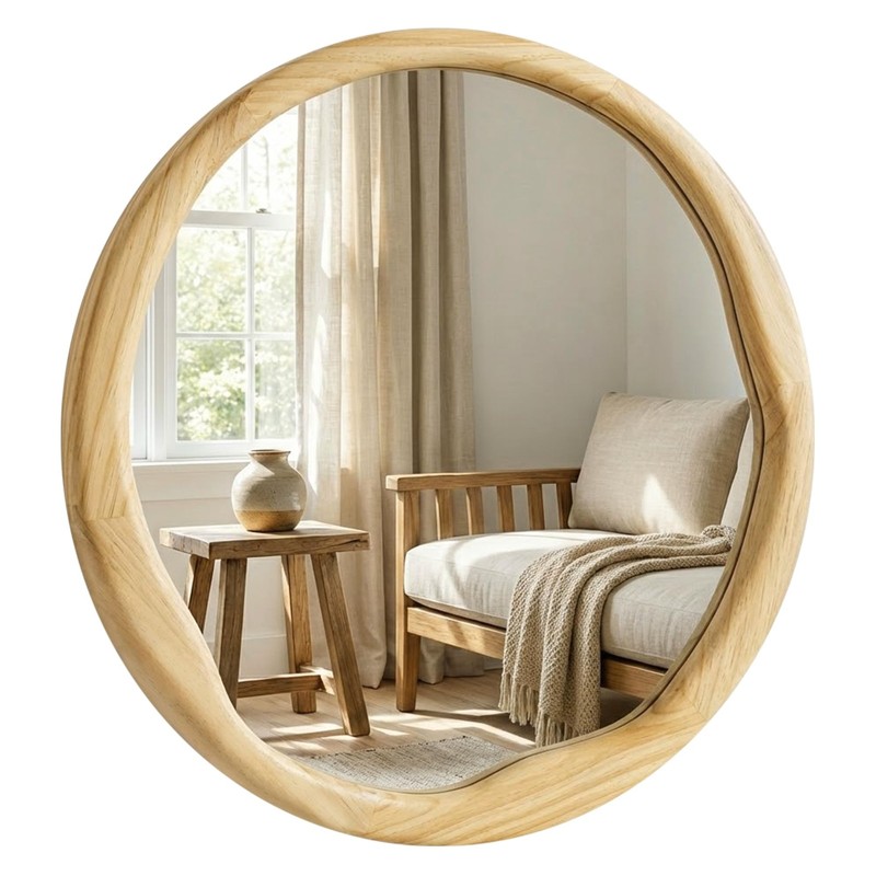 Natural Wood Round Mirror, Solid Wood Frame Irregular Wavy Edge for Bedroom
