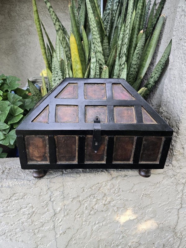 Footed Rectangular Decorative Box Wood Metal Hinged Lid Black Brown