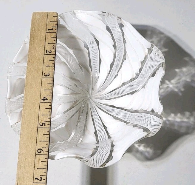 Italian Murano Style White Ribbon Swirl Art Glass Pedestal Candy Dish Co Vintage gallery