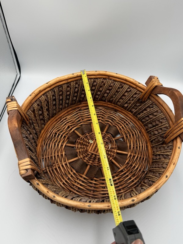Vintage Large Woven Rattan Gathering Basket Wood Handles Boho Rustic Decor gallery