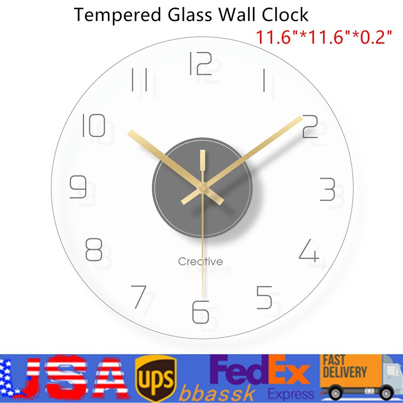 30CM Round Wall Clock Round Tempered Glass Clear Wall Clock Ultra Thin Design
