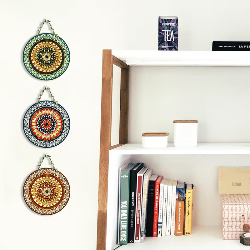 3Pc Round Wooden Wall Hanging Plaque Set Leaf Mandala Boho Art Medallion Decor gallery