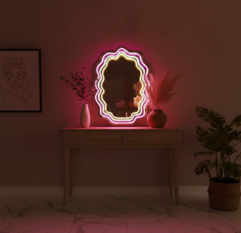 Wavy Neon Mirror Wall Decor| Aesthetic Glow Mirror| LED Neon Mirror Sign