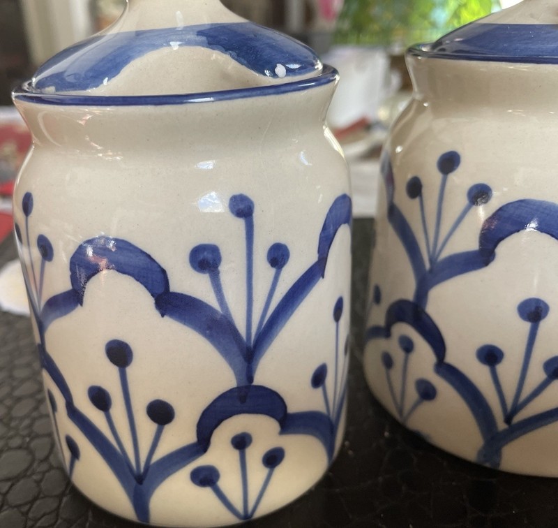 Set of Two Decorative Or storage Hand Painted Jars with Matching Lids And Spoons gallery