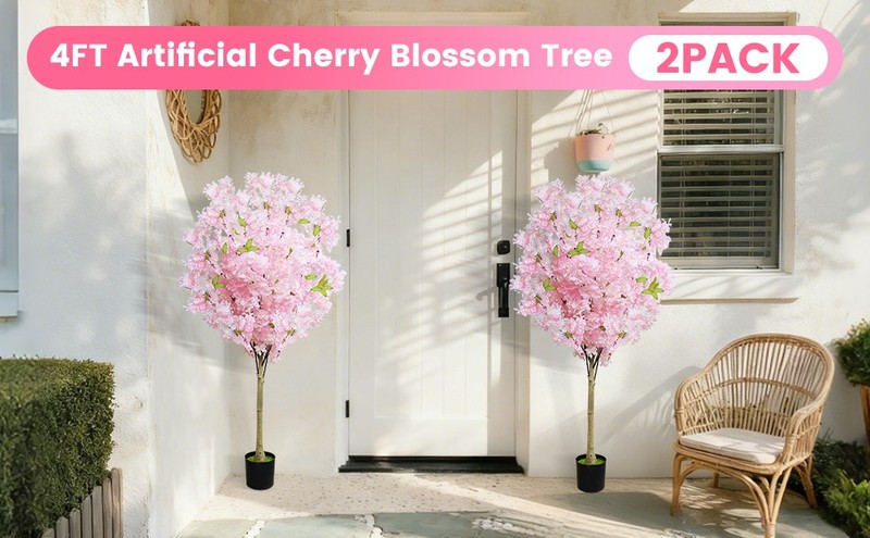 2 Pack Artificial Cherry Blossom Tree,4FT Faux Cherry Blossom Plant in Pot with gallery