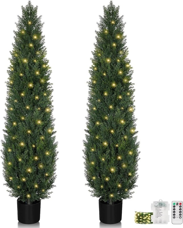 5FT Topiary Trees Artificial Outdoors 2 Pack, Two 5 Foot UV Resistant Faux Cedar