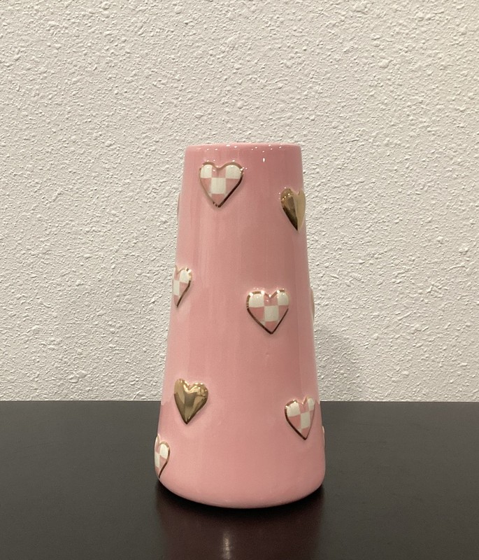 Mackenzie Childs Rosy Check Short Heart Vase 7″ x 2.25″ x 3.5″ Ceramic 10 Ounce