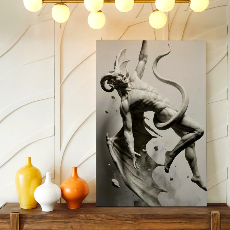 Wall Art Fantasy Demon Statue Print Monochrome Winged Devil Figure Poster Print gallery
