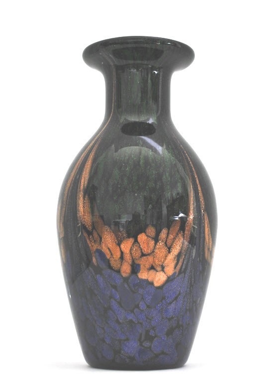 Dale Tiffany 9 1/8″ Vase Black with Copper, Green & Blue Aventurina Art Glass