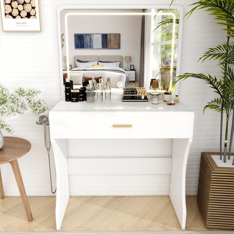 Vanity Desk, Makeup Vanity with LED Light Mirror, Small White Vanity with a Supe