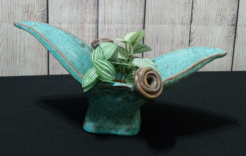 Handmade, Aqua Green Sculpture Art Piece Planter, Conversation Piece. Red Clay gallery