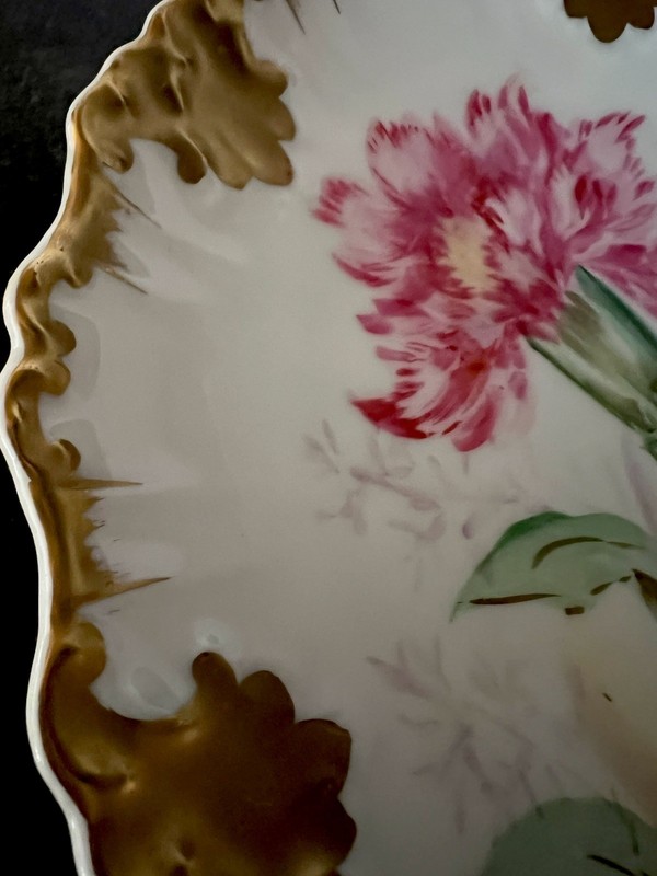 Antique Porcelain Plate Limoges France HP Signed Carnations Rococo Gold 8 3/4” gallery