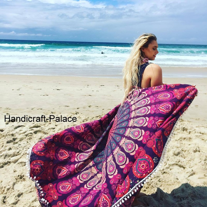 Peacock Mandala Yoga Mat Tapestry Pom Lace Decor Roundie 48″ Round Beach Throw