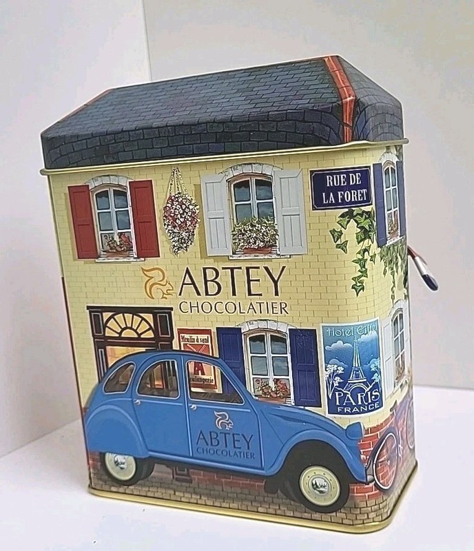 ABTEY Chocolatier Collector's Tin Box With Roof-Shaped Lid & Hinged Awning EUC! gallery