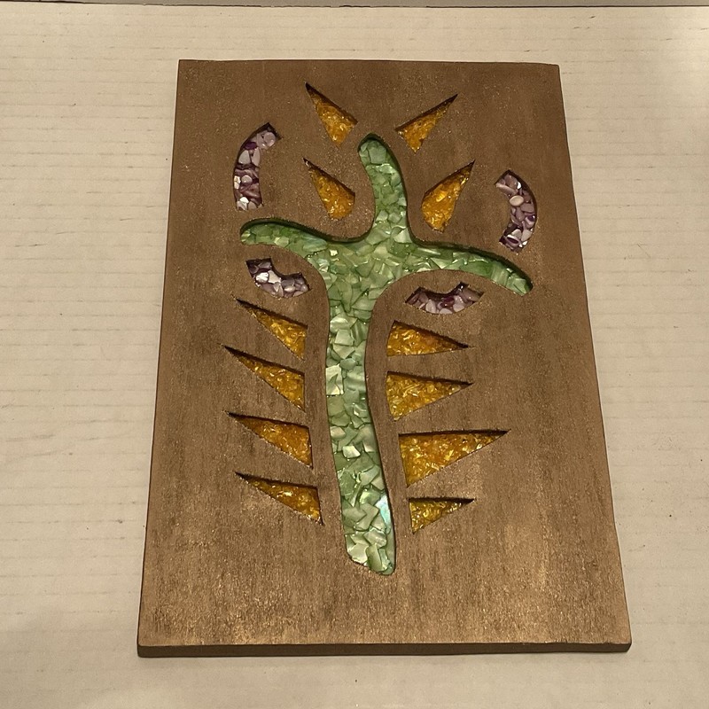 Glass Art Gold Painted Wood Wall Plaque Signed by Artist Green Yellow Purple