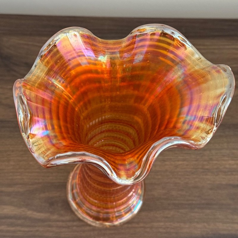 Vintage Fenton April Showers Carnival Glass Vase Marigold 9.5" Ruffled Orange gallery