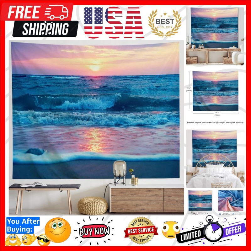 Ocean Tapestry Wall Hanging, Sea Beach Wave Sun Cloud Landscape Scenery Natur…