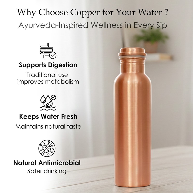 Pure Copper Water Bottle in Café Setting – Timeless Ayurvedic Drinkware 1 Litre gallery