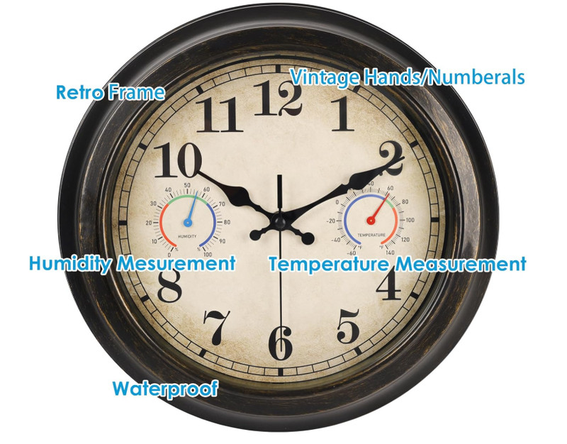 12 Inch Outdoor Clock with Thermometer and Hygrometer Combo, Waterproof Indoor O gallery