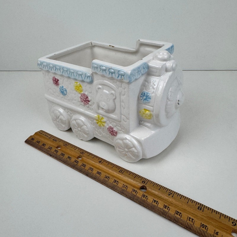 Vtg Ceramic Train Planter White Pastel Pink Blue Yellow Nursery Tabletop Decor