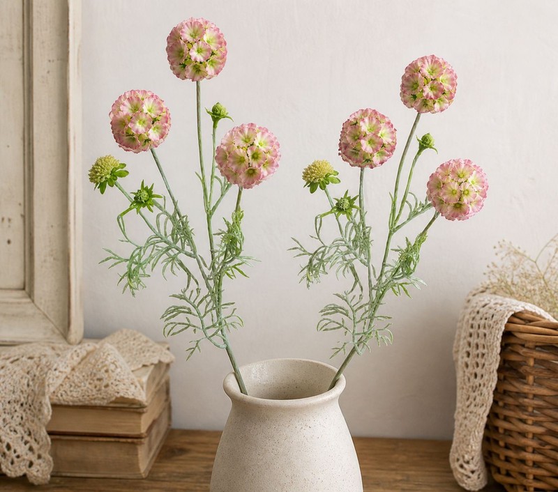 Artificial Scabiosa Flower Stems Pink Green Faux Wildflower Cottage Floral Fille gallery