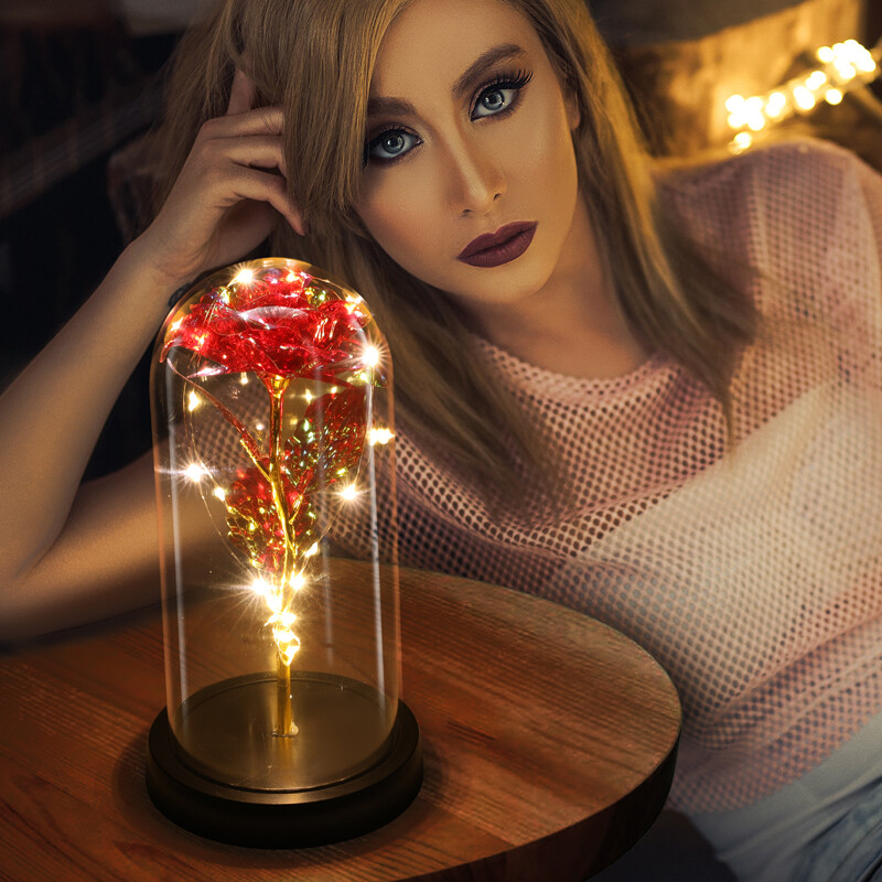 Birthday Gifts for Women Her Colorful Galaxy Crystal Light Up Rose in Glass Dome