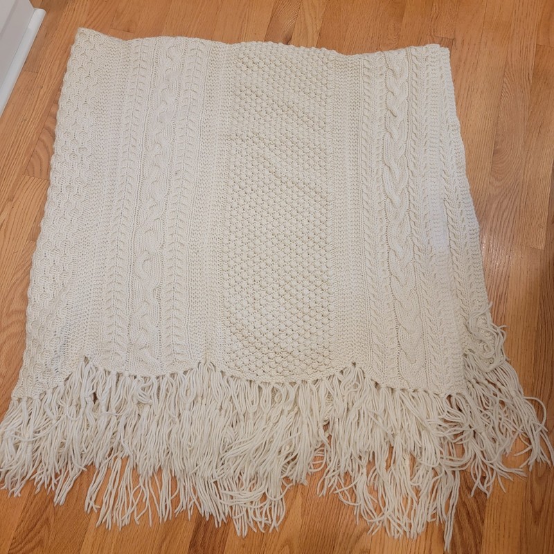 Handmade Knit Afghan Cream 54″ x 66″, Plus 7 Inch Fringe