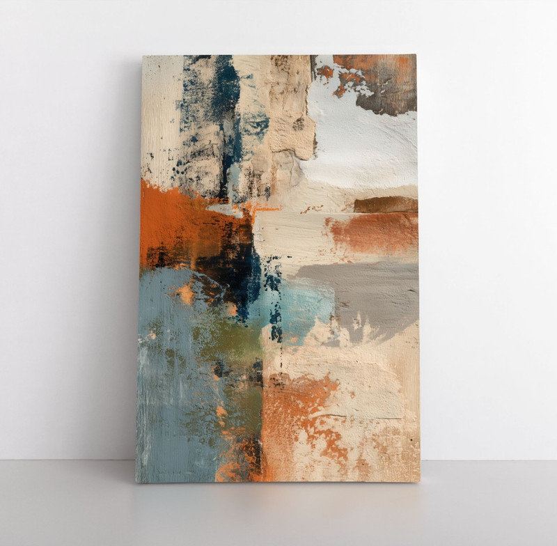 Abstract Earthy Blue Beige & Rust Painting, Framed Canvas Wall Art Print Decor
