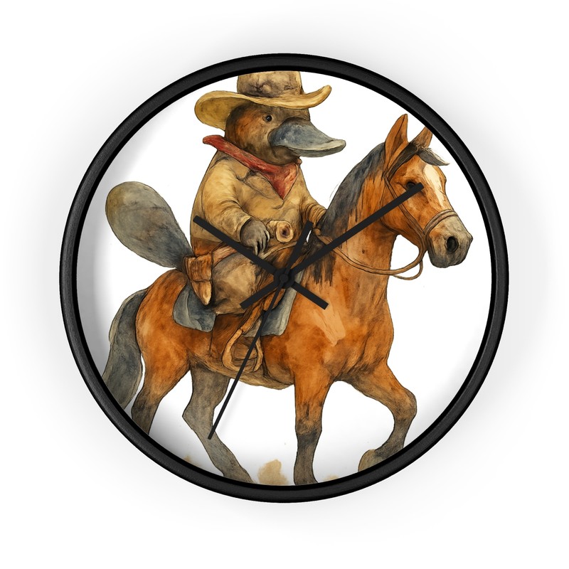 NEW Home Decor Wall Clock A Platypus dressed like a Cowboy riding a horse.