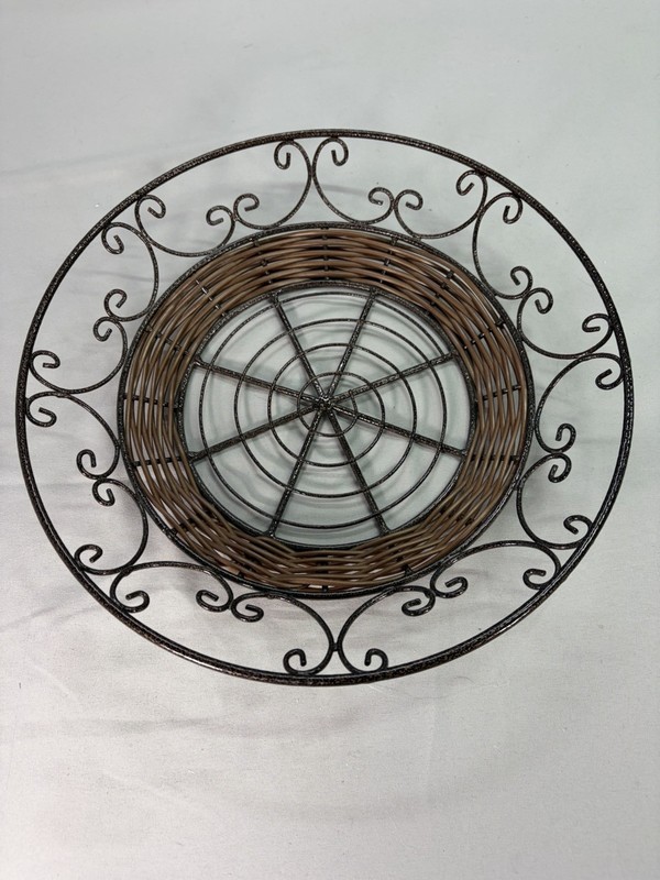 Vintage Black Wrought Iron Plastic Wicker Decorative Bowl Basket 11” X 2”