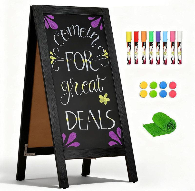 A-Frame Double-Sided Magnetic Chalkboard 40″X20″, Solid Pine Wood Freestanding S