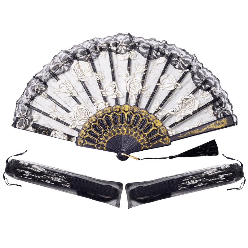 Sepwedd 30Pcs Black Rose Lace Floral Folding Hand Fans Chinese Retro Folding