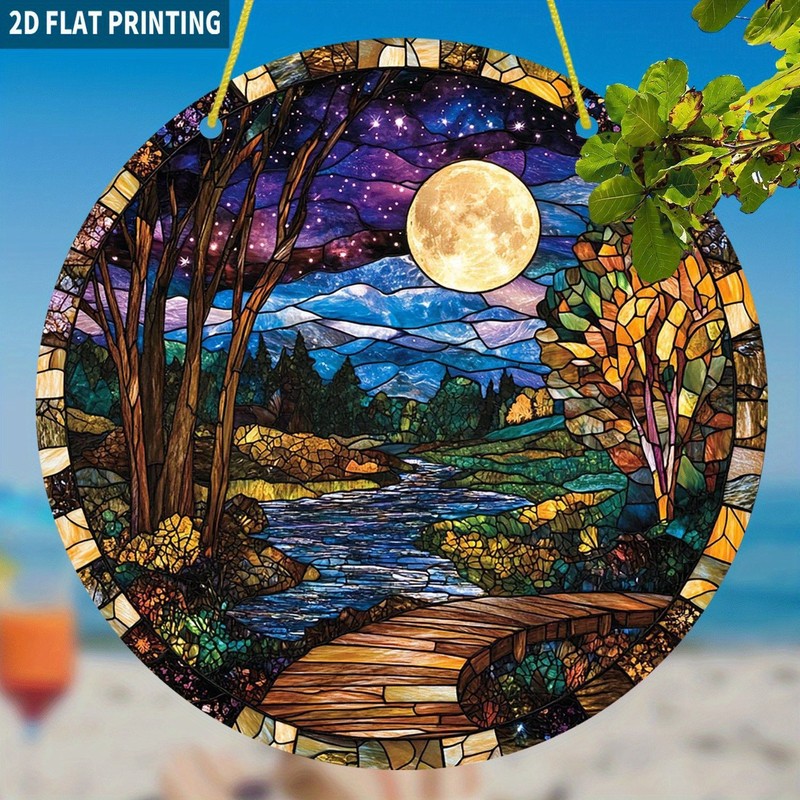 Moonlit Forest Stream Acrylic Suncatcher Decor Serene Nightscape Home Accent