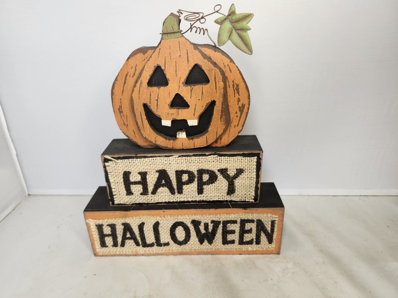 HALLOWEEN Decor Wooden Burlap & Wire Pumpkin Jack-O Lantern Wood Block Sign 10x7 gallery