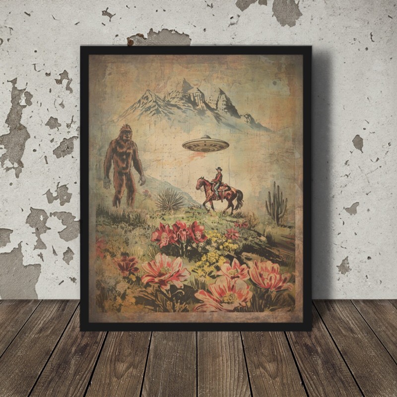 Retro SASQUATCH UFO COWBOY Wall Art, Western Alien Bigfoot Cactus Flower Poster