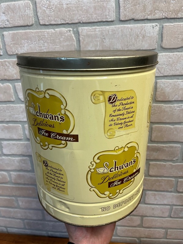 Vintage Schwans 2.5 Gallon Ice Cream Tin Can Container- Returnable Kitchen Decor