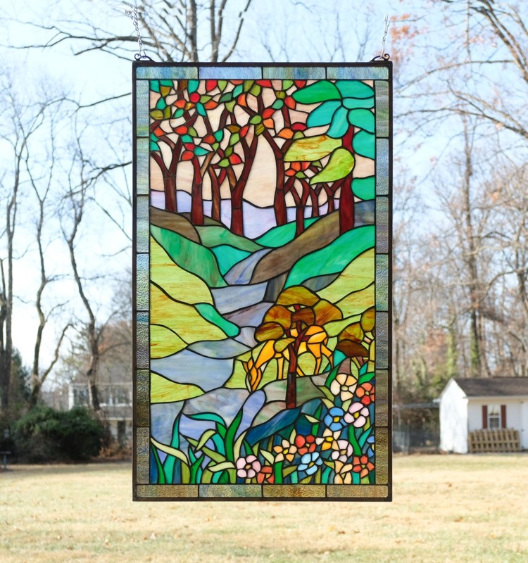 Tiffany Style Stained Glass Window Panel deer drinking water, 20″ x 33.75″ HF446