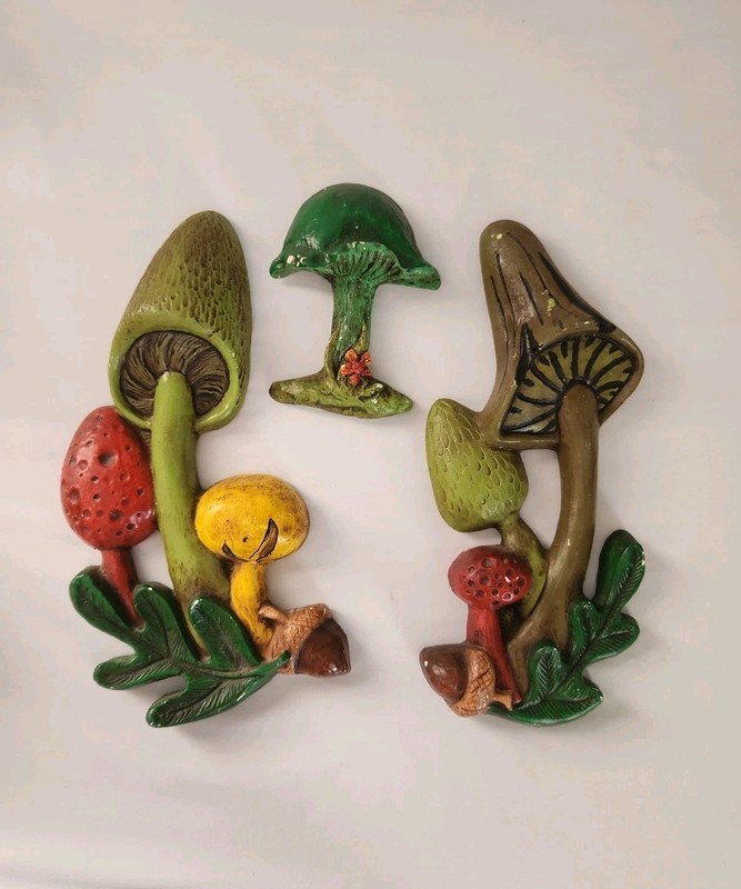 Set Of 3 Vintage Chalkware Mushroom Toadstool Morel Acorn Wall Hanging Plaque SE