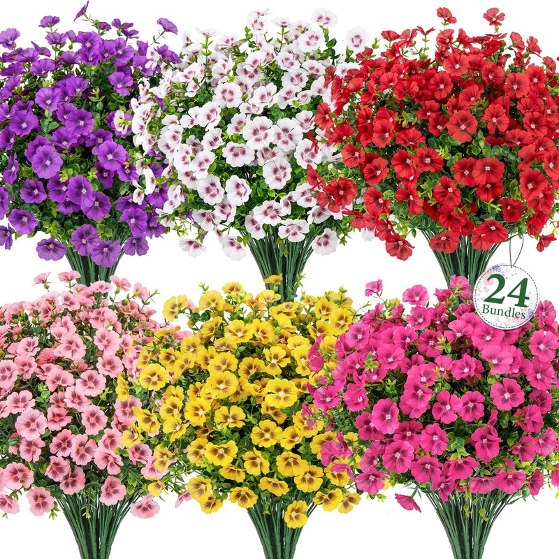 24 Bundles UV Resistant Artificial Flowers Faux Silk Outdoor Planters Vase Patio
