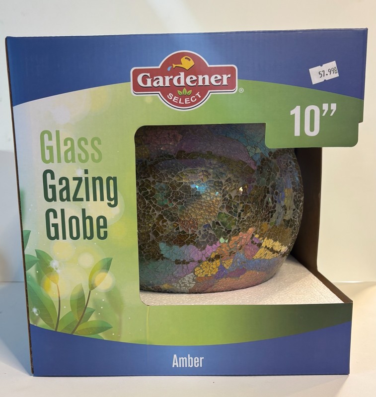 NEW Glass gazing globe amber abstract yard art 10×10″
