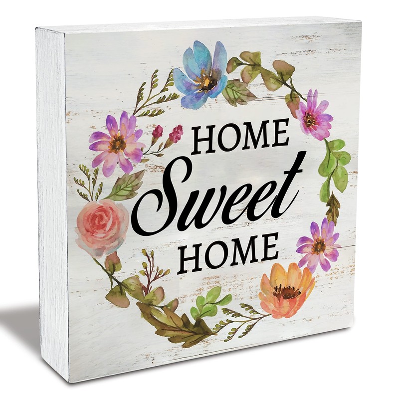 5×5″ Floral Home Sweet Home Wood Box Sign Rustic Family Desk Shelf Decor