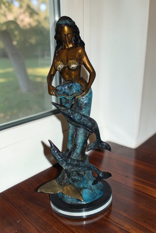 Mermaid with 2 dolphins Bronze Statue - Size: 14"L x 14"W x 28"H. gallery
