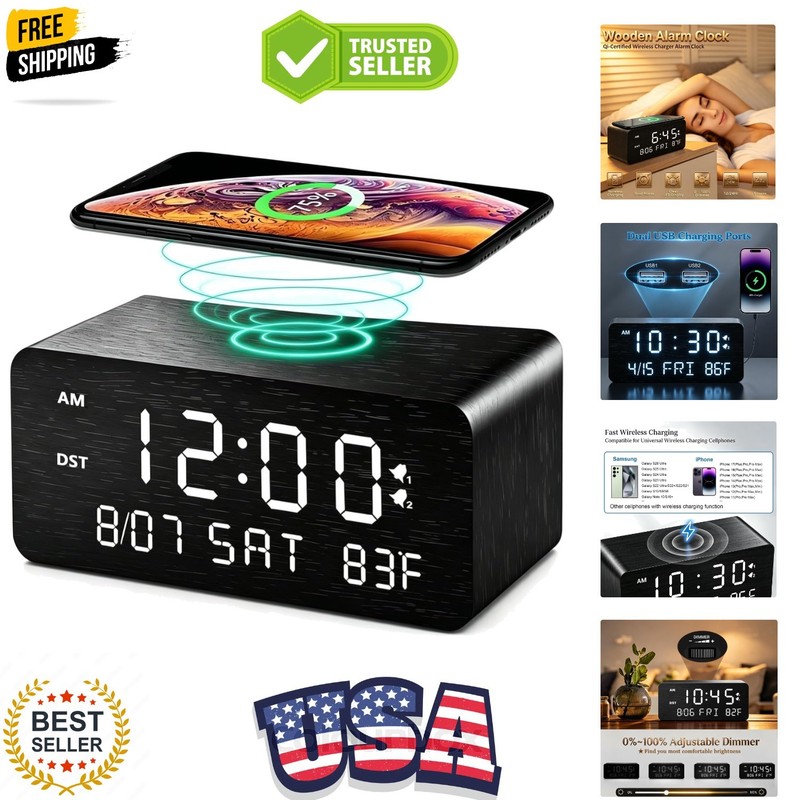 Wooden Digital Alarm Clock with Wireless Charging, 0-100% Adjustable Brightne…