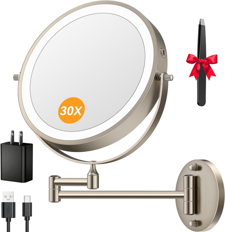 5000mAh Recharable Wall Mounted Lighted Makeup Mirror, 9” 30X/1X