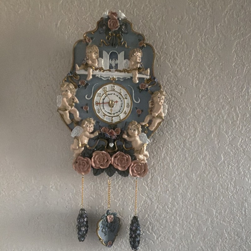 Angels & Cherubs Hanging Wall Clock Pendulum Westminster Chime Blue/Pink