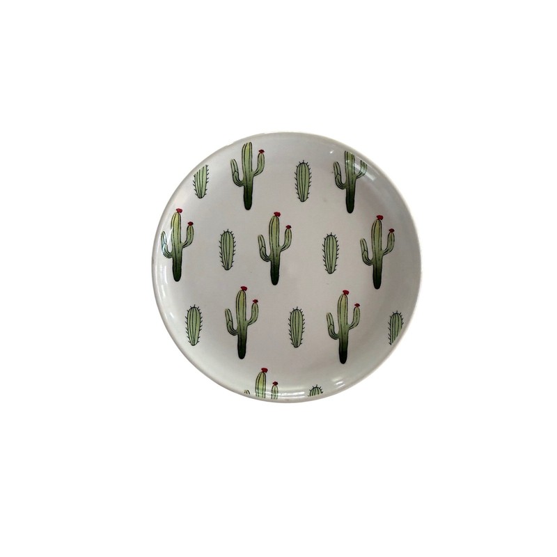 Cactus Ceramic Trinket Dish Small Round Appetizer Plate White Green Southwest 4″